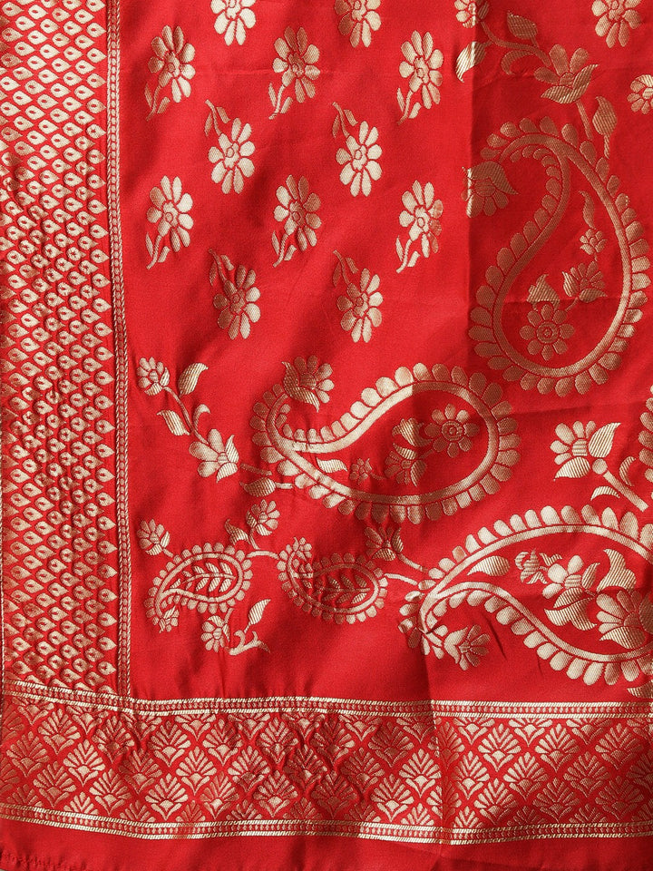 Banarasi French Silk Unstitched Suit Set With Gota Patti Work & Banarasi Dupatta