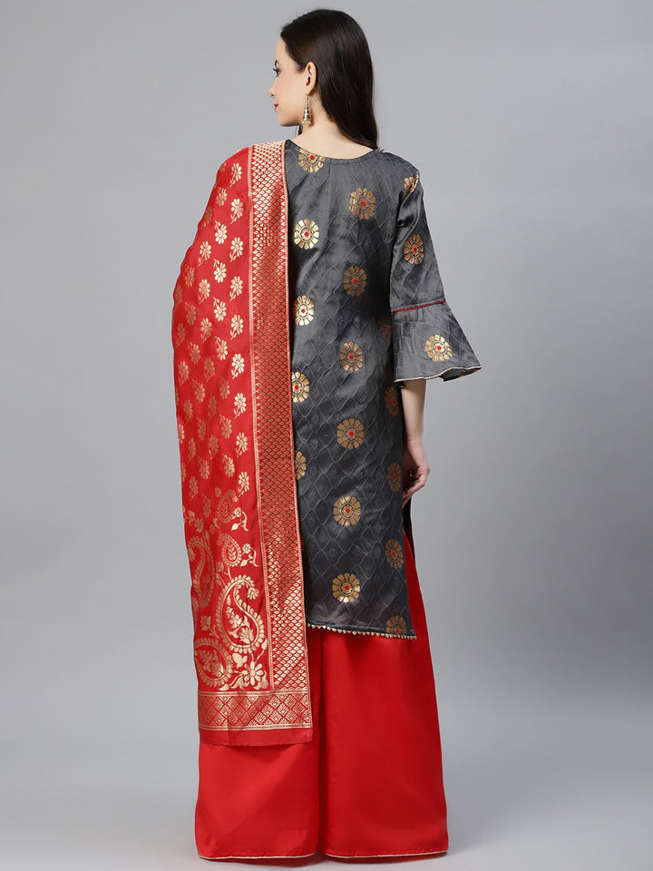 Banarasi French Silk Unstitched Suit Set With Gota Patti Work & Banarasi Dupatta