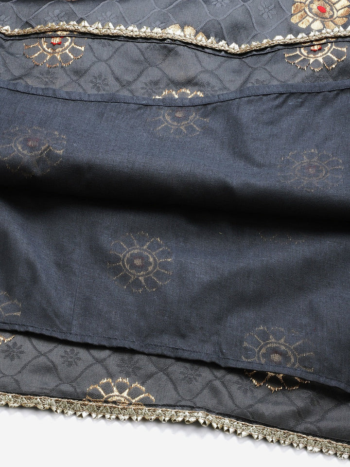 Banarasi French Silk Unstitched Suit Set With Gota Patti Work & Banarasi Dupatta