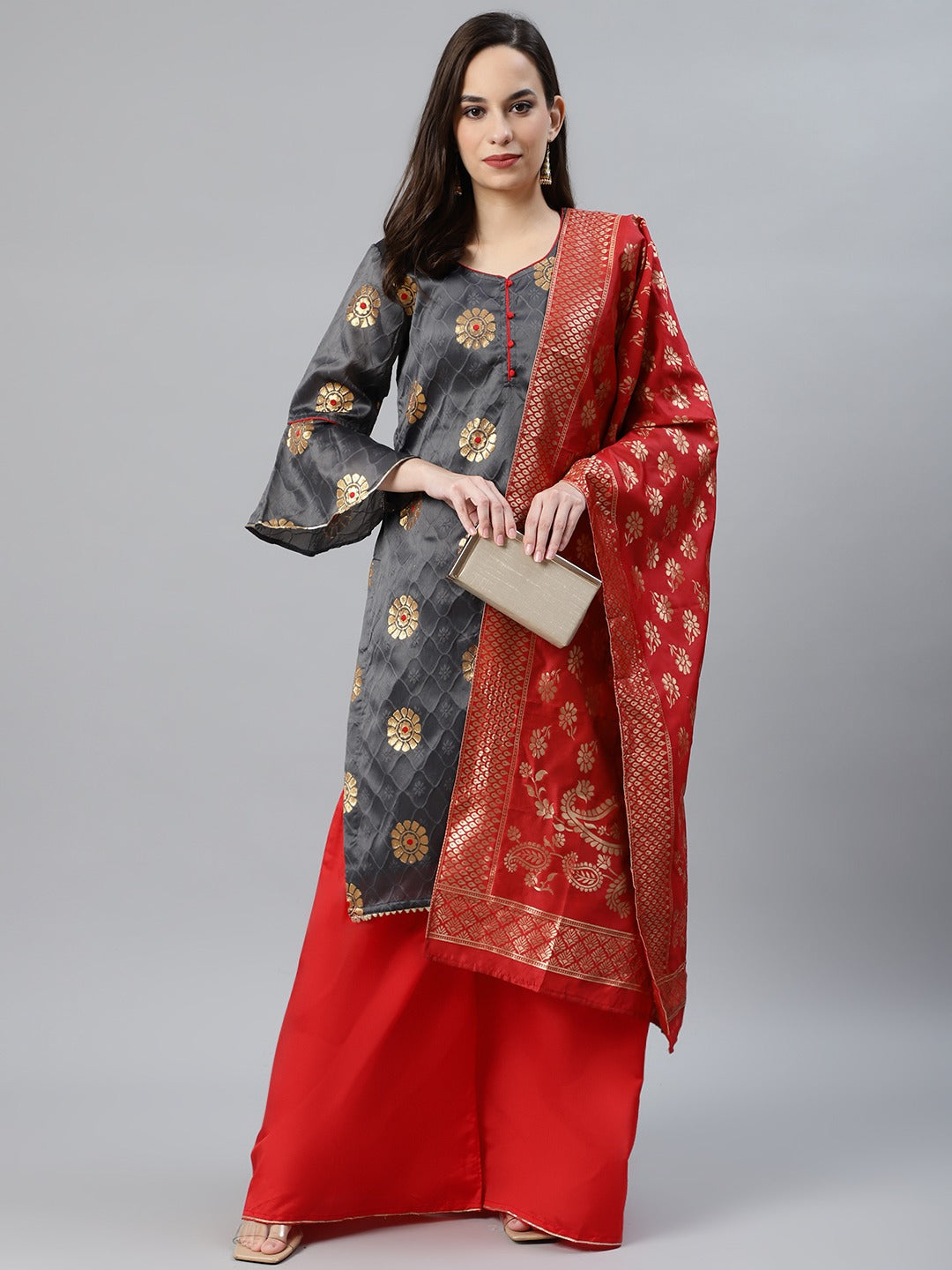 Banarasi French Silk Unstitched Suit Set With Gota Patti Work & Banarasi Dupatta