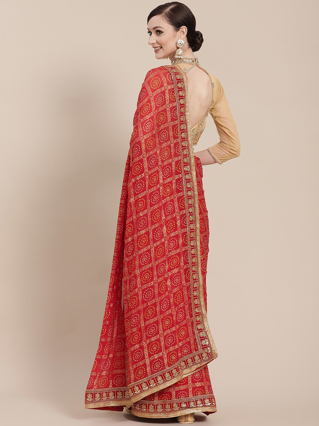 Red Chiffon Bandhej Printed Embroidered Traditional Saree