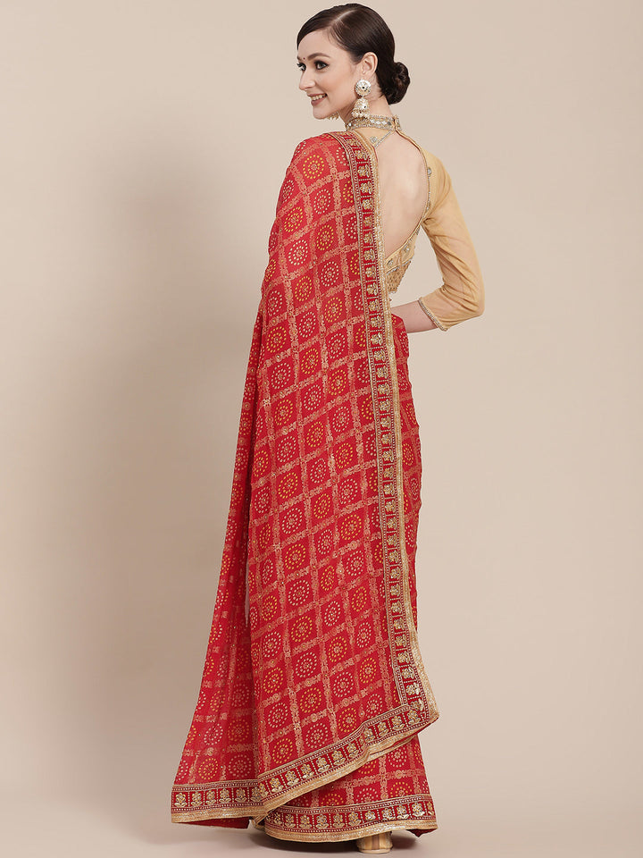 Red Chiffon Bandhej Printed Embroidered Traditional Saree