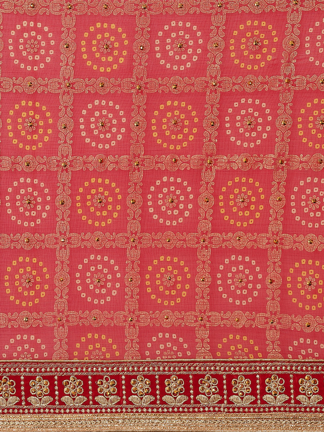 Red Chiffon Bandhej Printed Embroidered Traditional Saree
