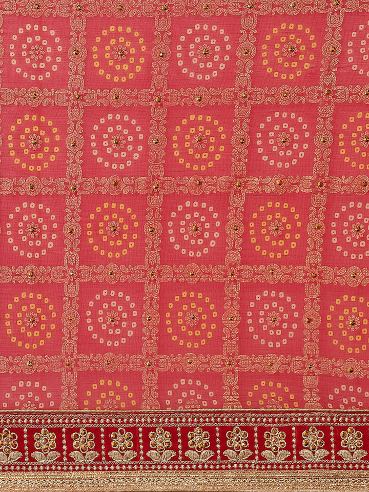 Red Chiffon Bandhej Printed Embroidered Traditional Saree