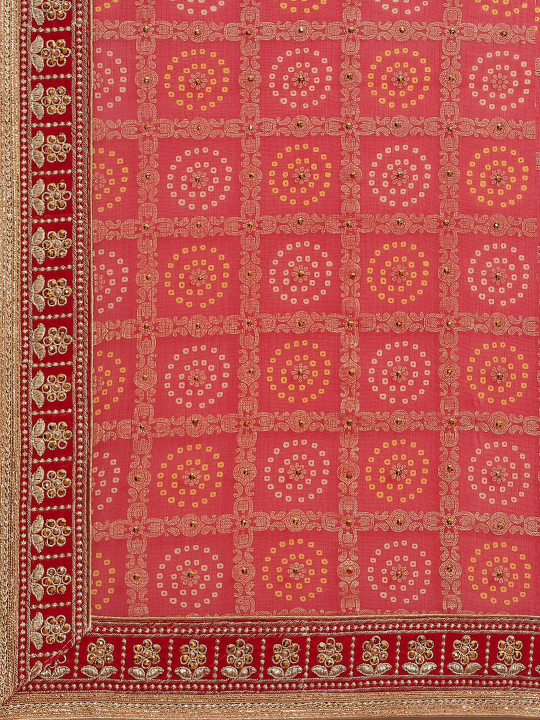 Red Chiffon Bandhej Printed Embroidered Traditional Saree