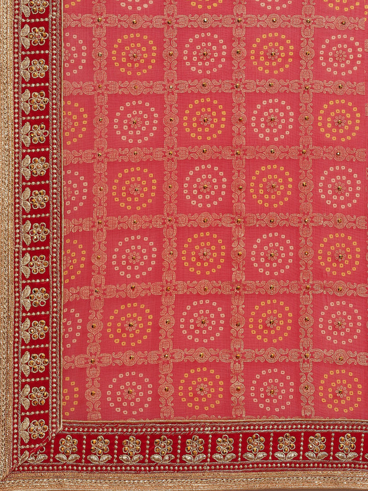 Red Chiffon Bandhej Printed Embroidered Traditional Saree