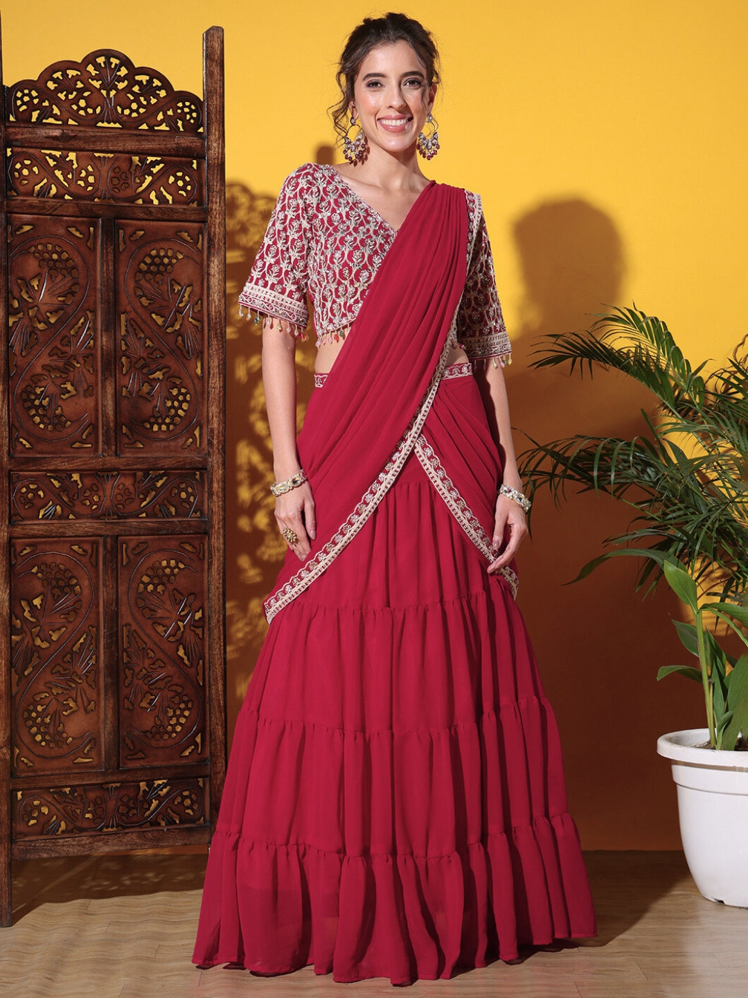 Chhabra 555 Embroidered & Beads & Stones Choli with Solid Plated Lehenga with Attached Solid Dupatta