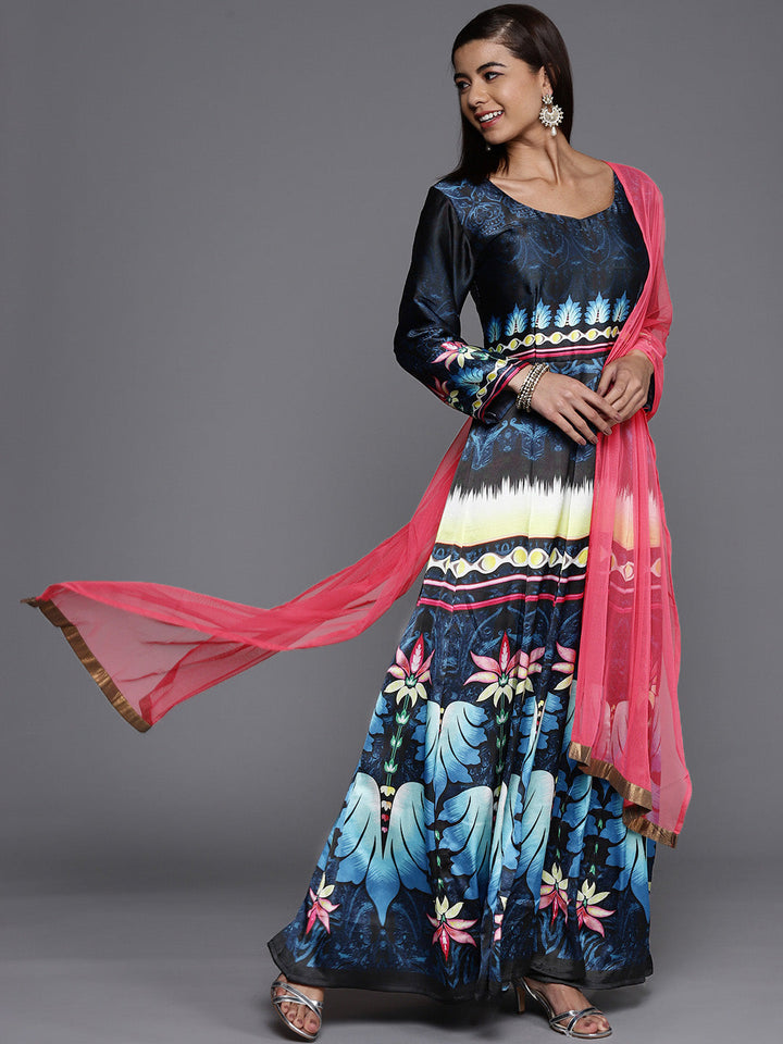 Made to Measure Blue & Black Anarkali Bohemian Printed Dress with Pink Net Dupattta