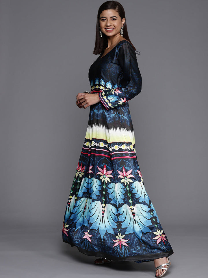 Made to Measure Blue & Black Anarkali Bohemian Printed Dress with Pink Net Dupattta