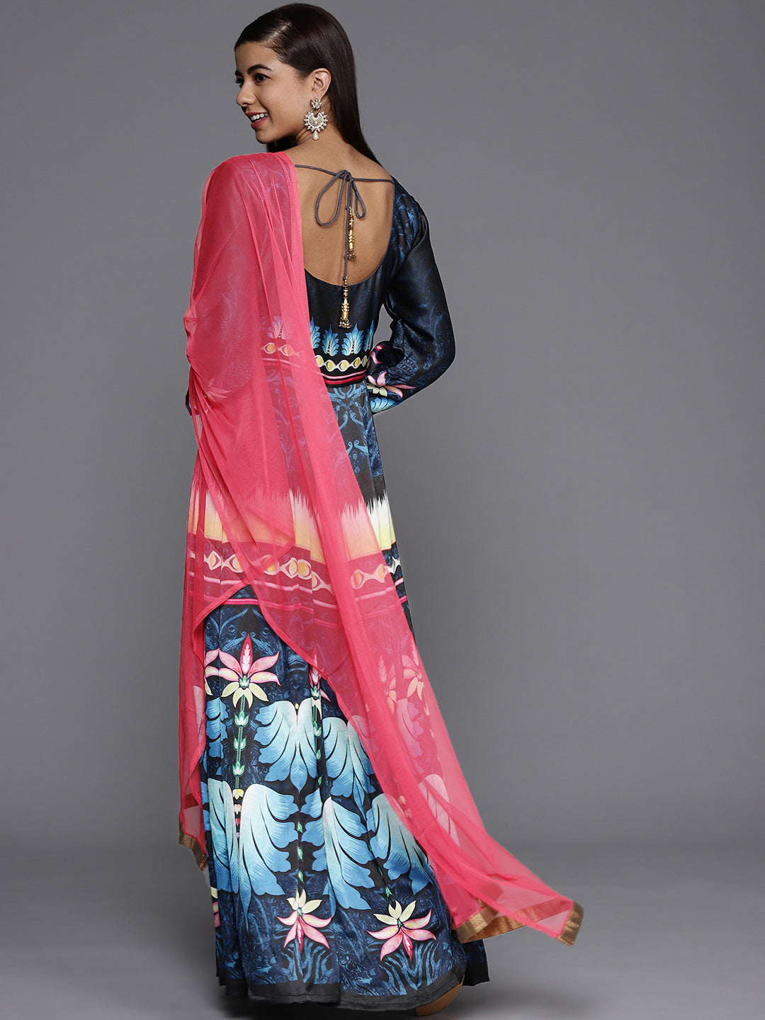 Made to Measure Blue & Black Anarkali Bohemian Printed Dress with Pink Net Dupattta