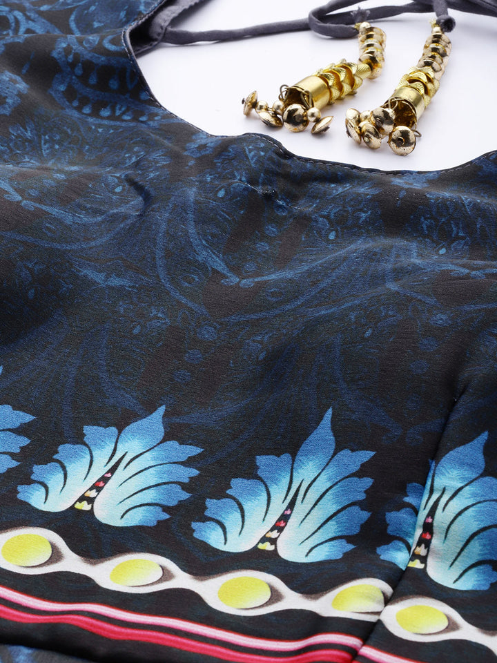 Made to Measure Blue & Black Anarkali Bohemian Printed Dress with Pink Net Dupattta