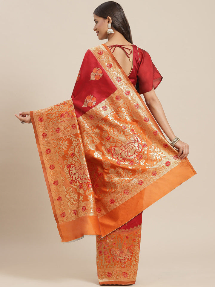 Maroon Resham & Gold Zari Woven Traditional Saree With Ethnic Motifs