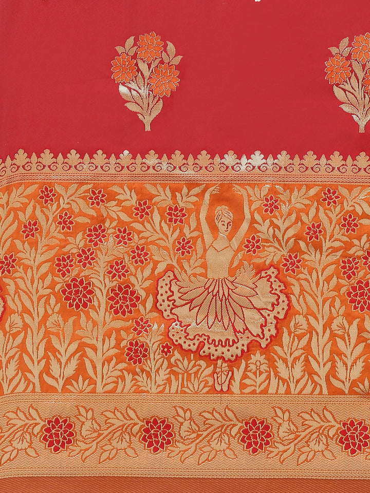 Maroon Resham & Gold Zari Woven Traditional Saree With Ethnic Motifs