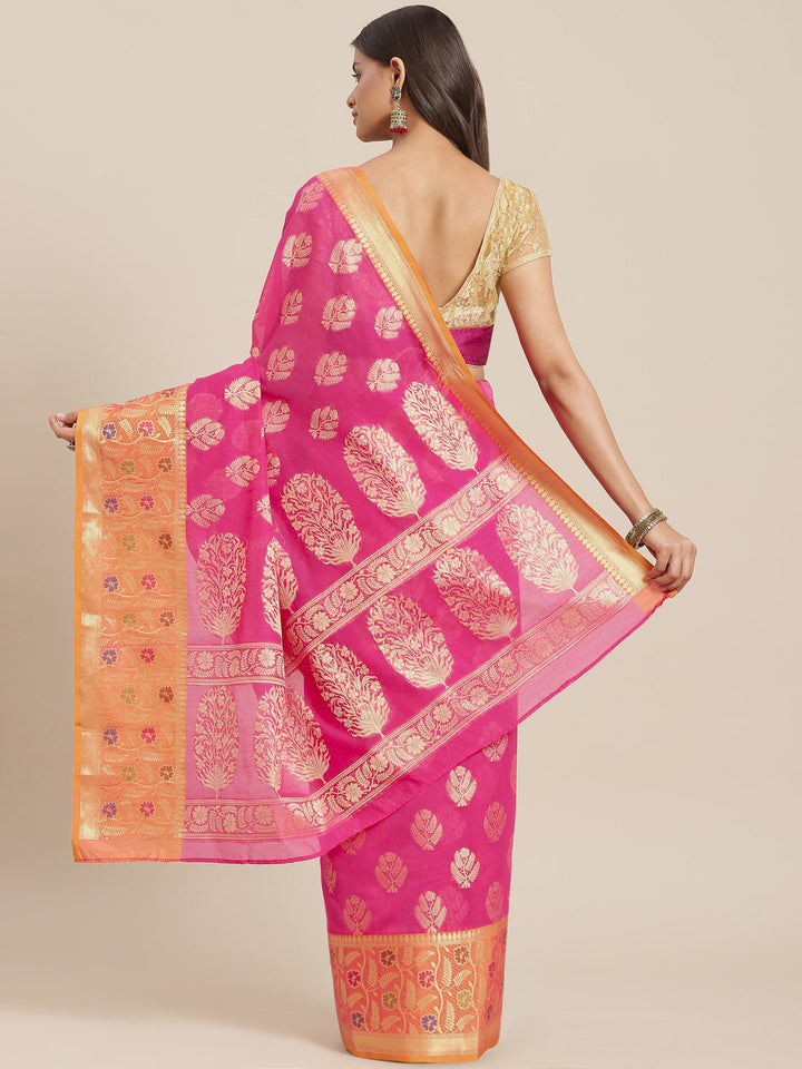 Fuchsia Panelled Resham & Zari handloon weaving saree with meenakari