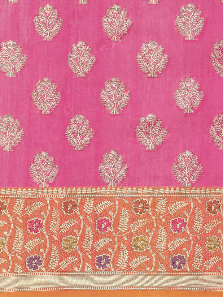 Fuchsia Panelled Resham & Zari handloon weaving saree with meenakari