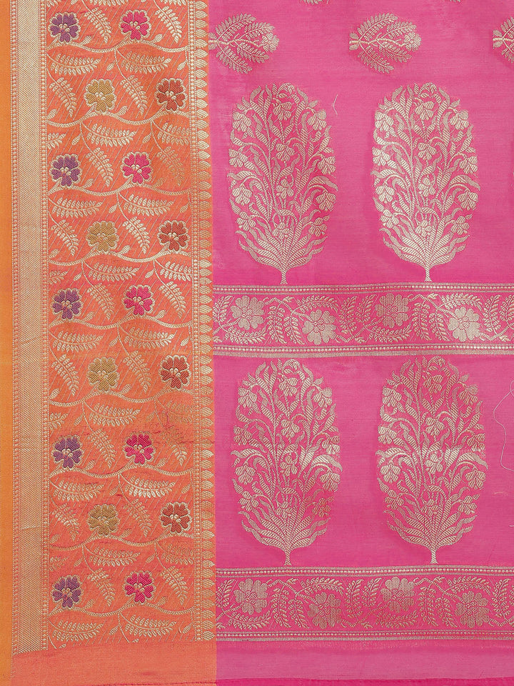 Fuchsia Panelled Resham & Zari handloon weaving saree with meenakari