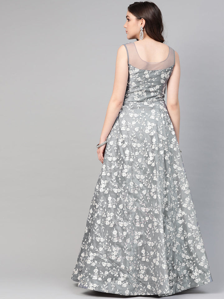 Grey Cocktail Gown with Pearl Crystal Embellishments