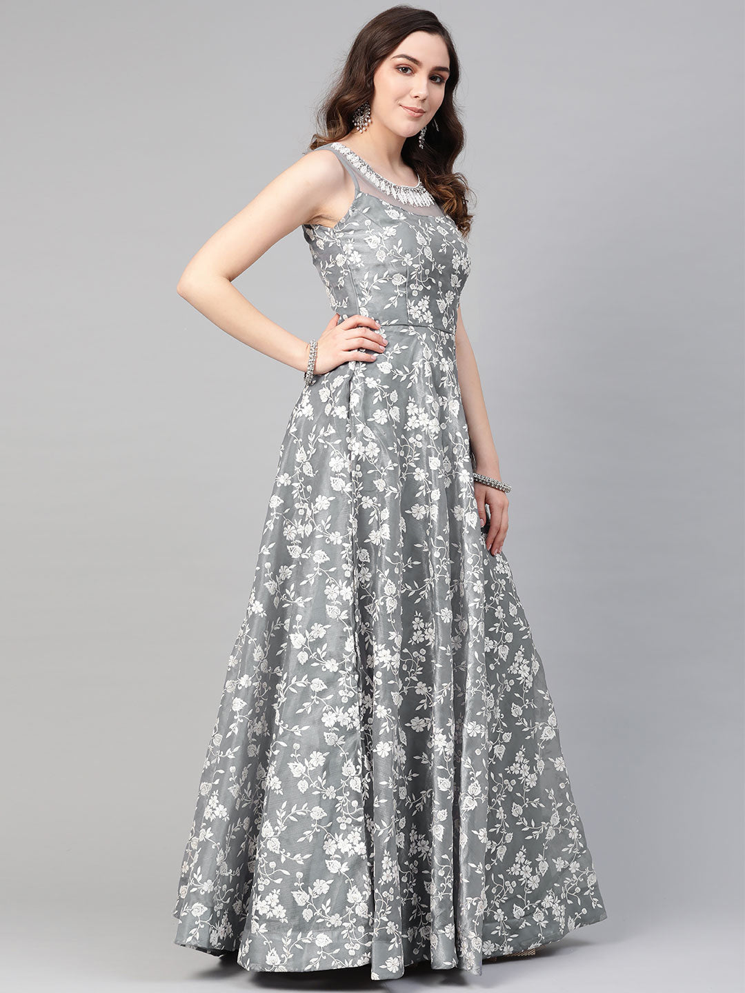 Grey Cocktail Gown with Pearl Crystal Embellishments