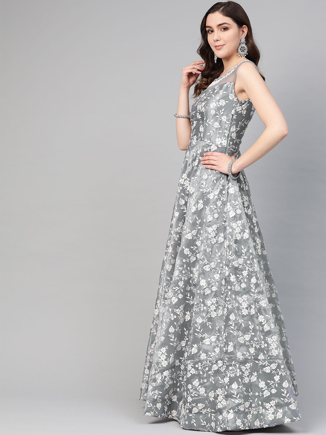 Grey Cocktail Gown with Pearl Crystal Embellishments