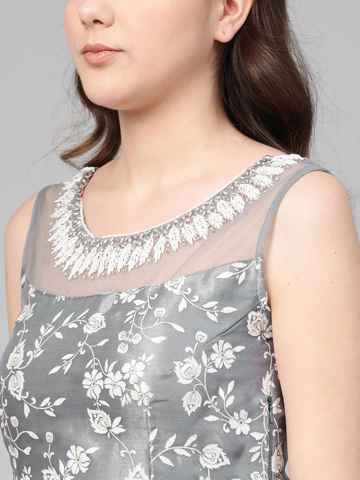 Grey Cocktail Gown with Pearl Crystal Embellishments