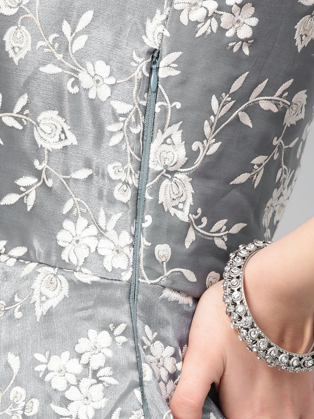 Grey Cocktail Gown with Pearl Crystal Embellishments