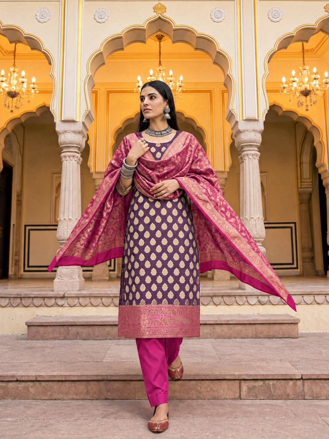 Banarasi Silk Unstitched Suit Set with Gold Zari Booti, Pink Bottom & Jaal Dupatta