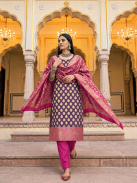 Banarasi Silk Unstitched Suit Set with Gold Zari Booti, Pink Bottom & Jaal Dupatta