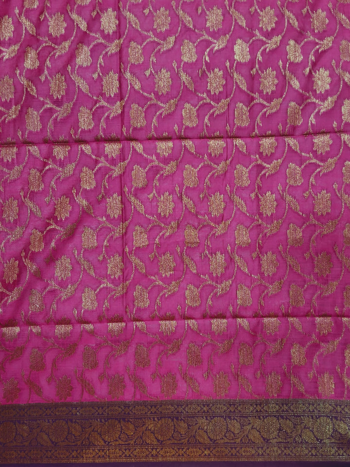 Banarasi Silk Unstitched Suit Set with Gold Zari Booti, Pink Bottom & Jaal Dupatta