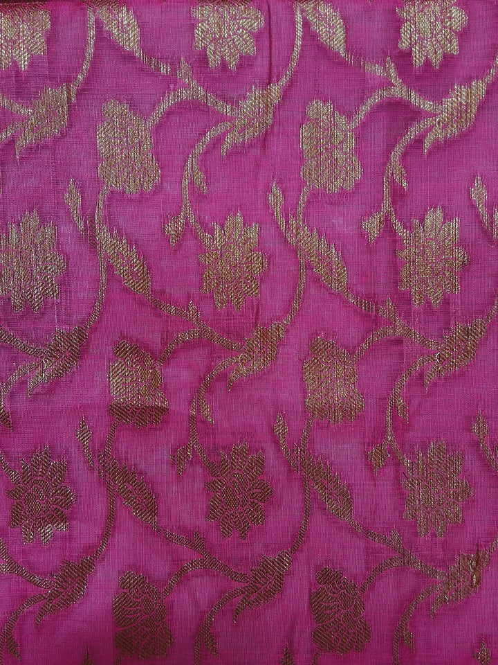 Banarasi Silk Unstitched Suit Set with Gold Zari Booti, Pink Bottom & Jaal Dupatta