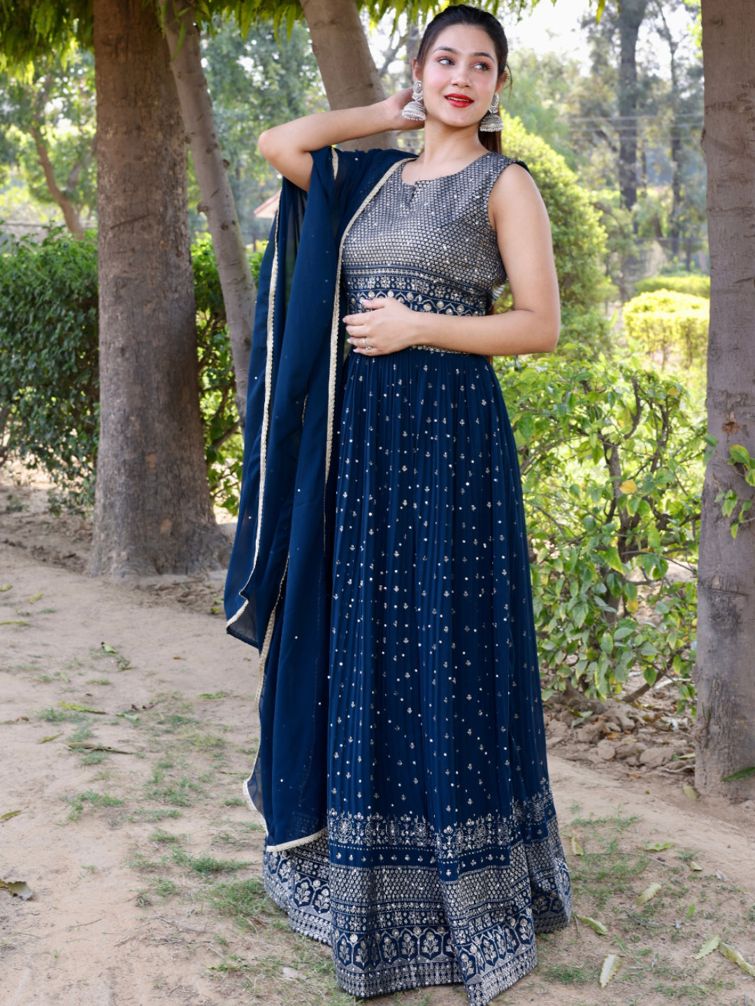Gold Foil Ethnic Motifs Print Flared Georgette Embellish Gown Dupatta