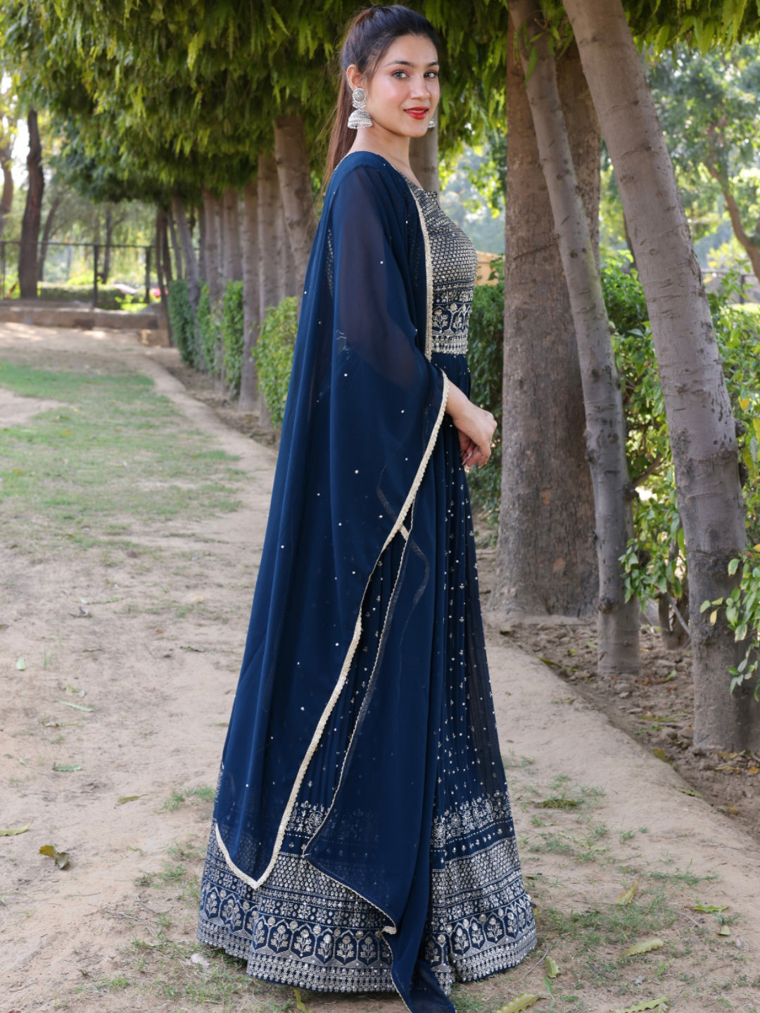 Gold Foil Ethnic Motifs Print Flared Georgette Embellish Gown Dupatta