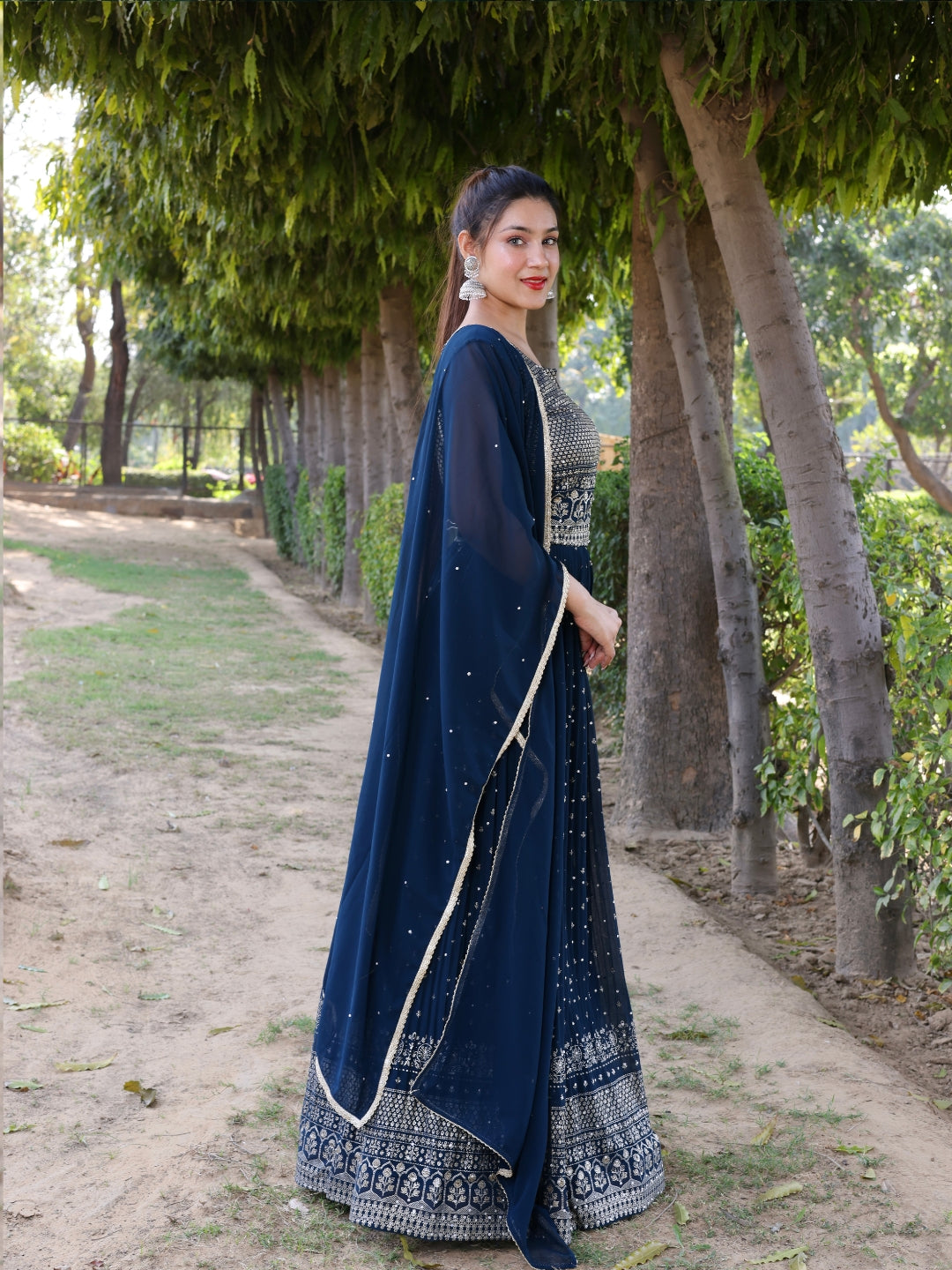 Gold Foil Ethnic Motifs Print Flared Georgette Embellish Gown Dupatta