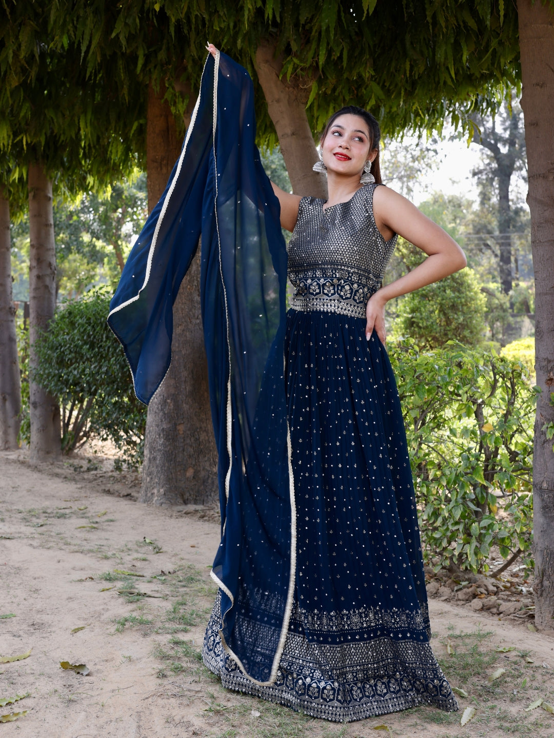 Gold Foil Ethnic Motifs Print Flared Georgette Embellish Gown Dupatta