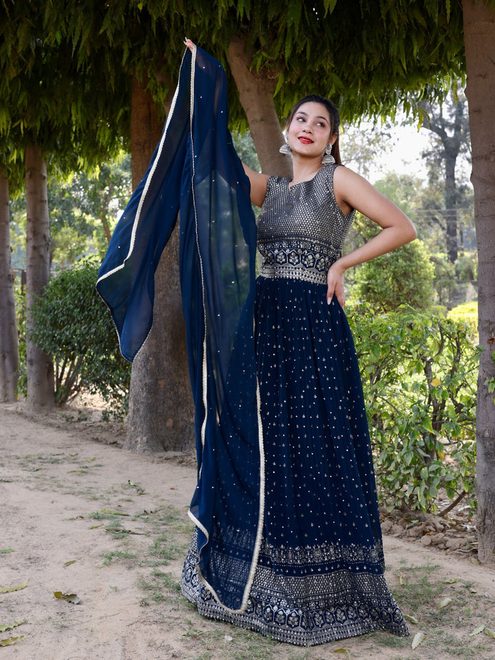 Gold Foil Ethnic Motifs Print Flared Georgette Embellish Gown Dupatta