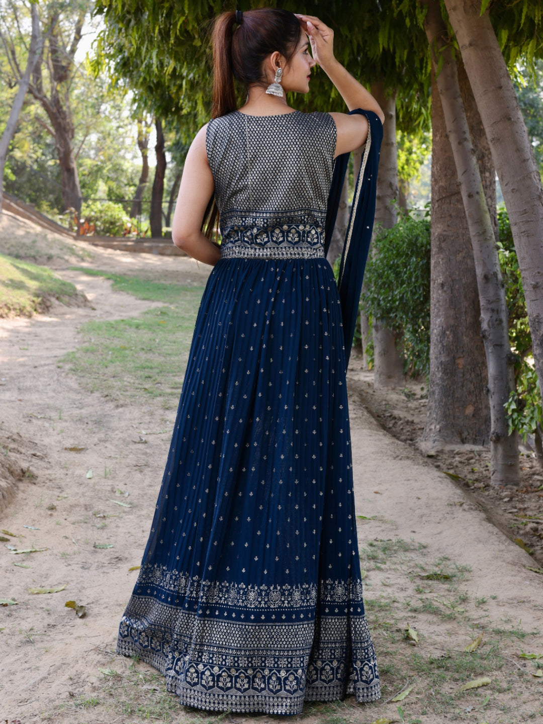 Gold Foil Ethnic Motifs Print Flared Georgette Embellish Gown Dupatta