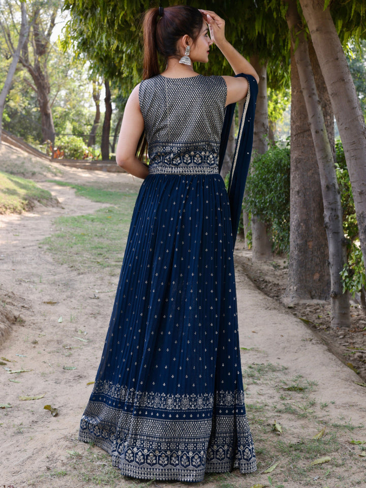 Gold Foil Ethnic Motifs Print Flared Georgette Embellish Gown Dupatta