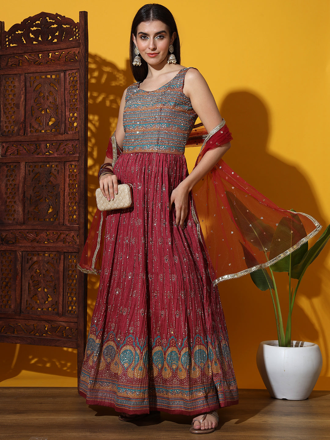 Foil Print & Crystal Embellished Anarkali Gown with Accordian Pleats