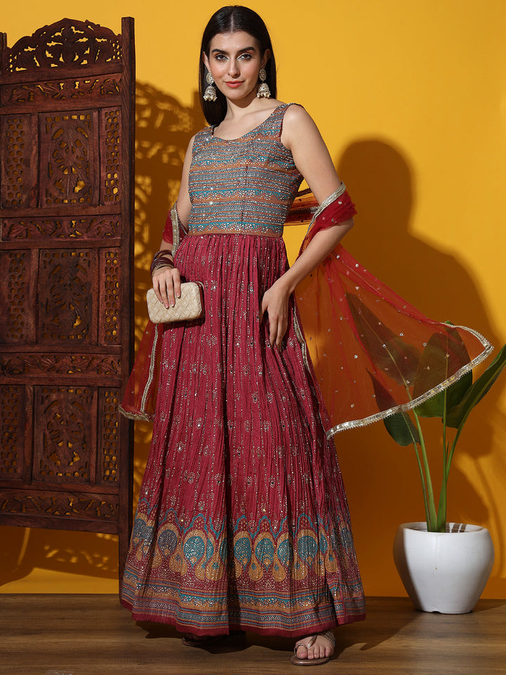 Foil Print & Crystal Embellished Anarkali Gown with Accordian Pleats
