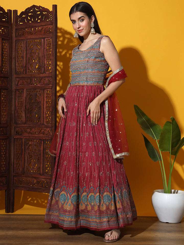 Foil Print & Crystal Embellished Anarkali Gown with Accordian Pleats
