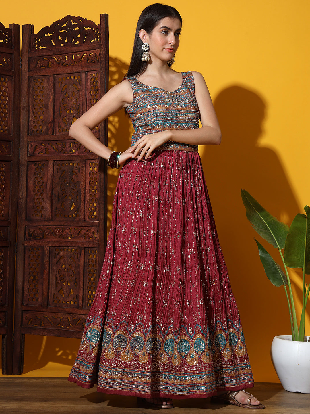 Foil Print & Crystal Embellished Anarkali Gown with Accordian Pleats