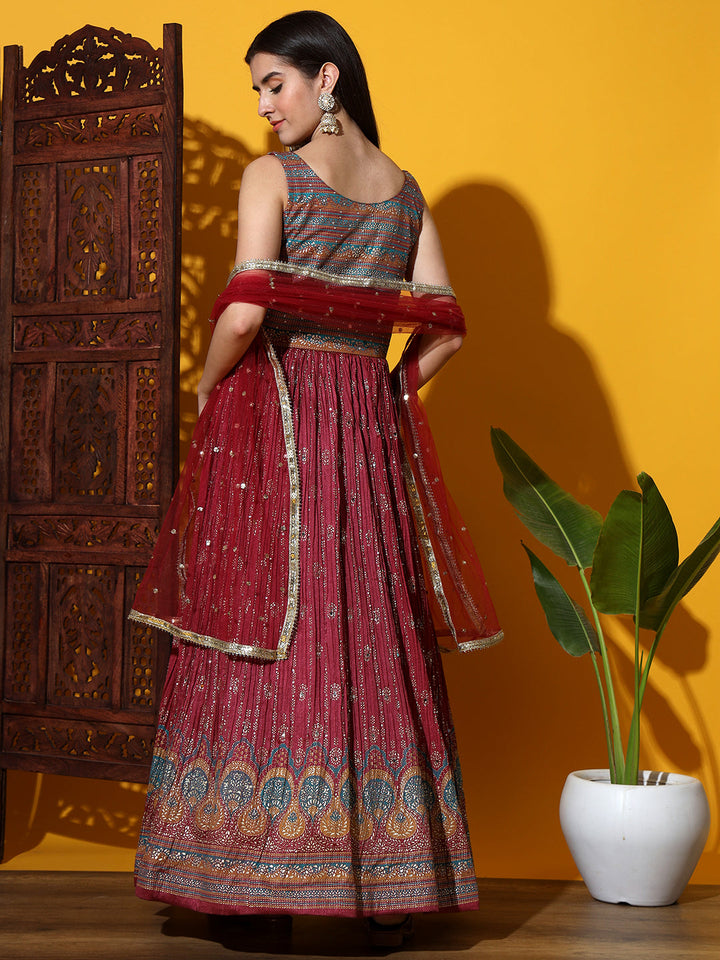 Foil Print & Crystal Embellished Anarkali Gown with Accordian Pleats