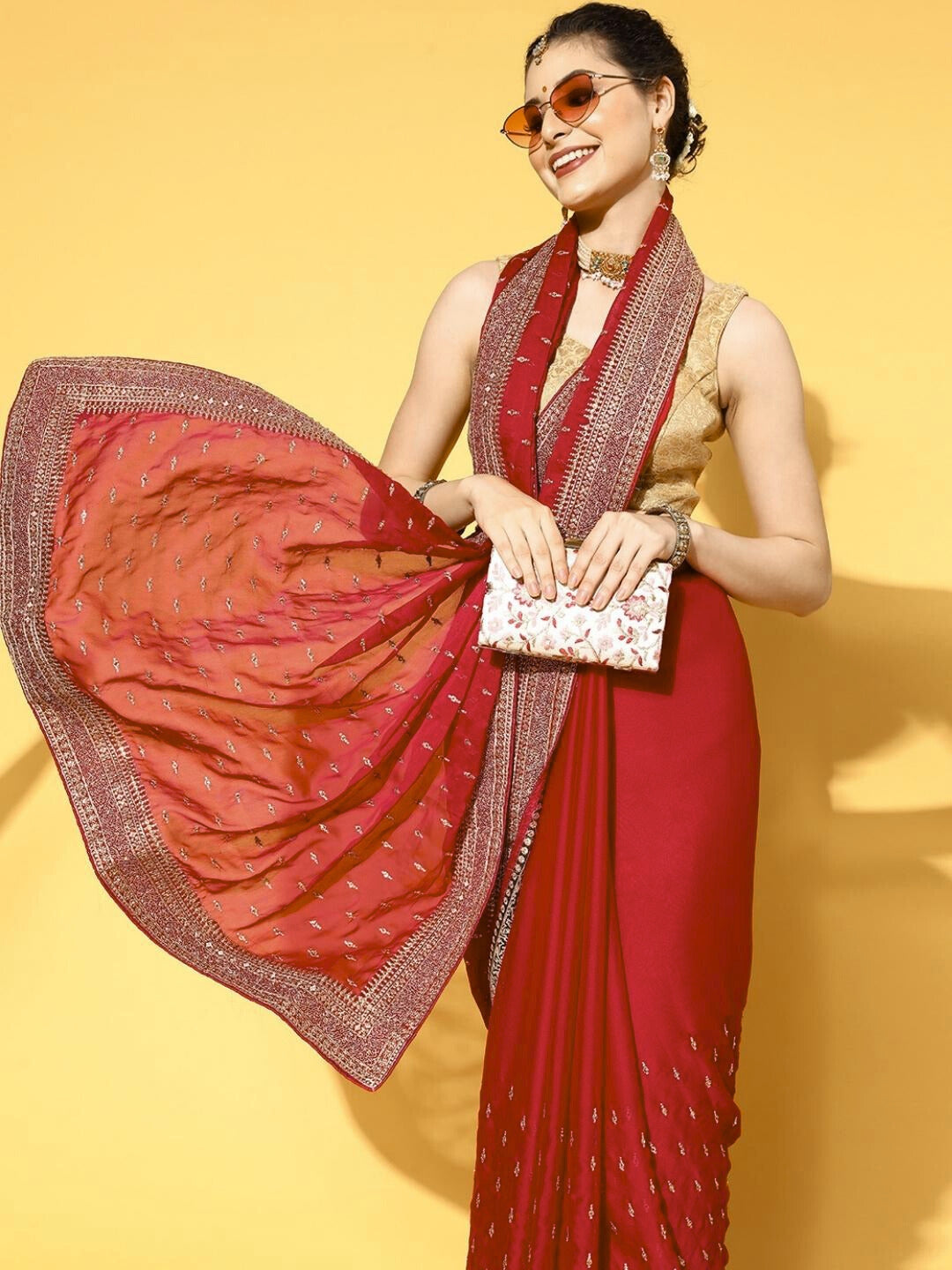 Chhabra 555 Red Crystal Embellished Satin Crepe Saree with Gold Aari Embroidery