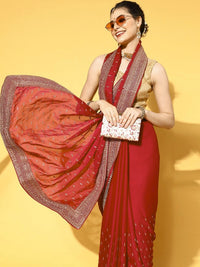 Chhabra 555 Red Crystal Embellished Satin Crepe Saree with Gold Aari Embroidery
