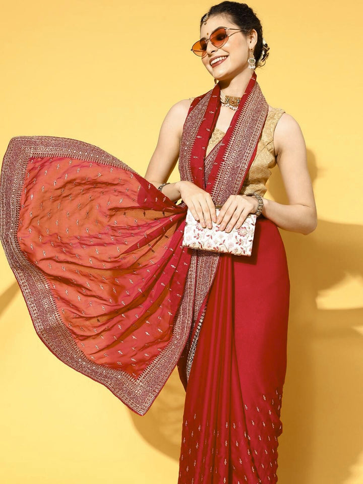 Chhabra 555 Red Crystal Embellished Satin Crepe Saree with Gold Aari Embroidery