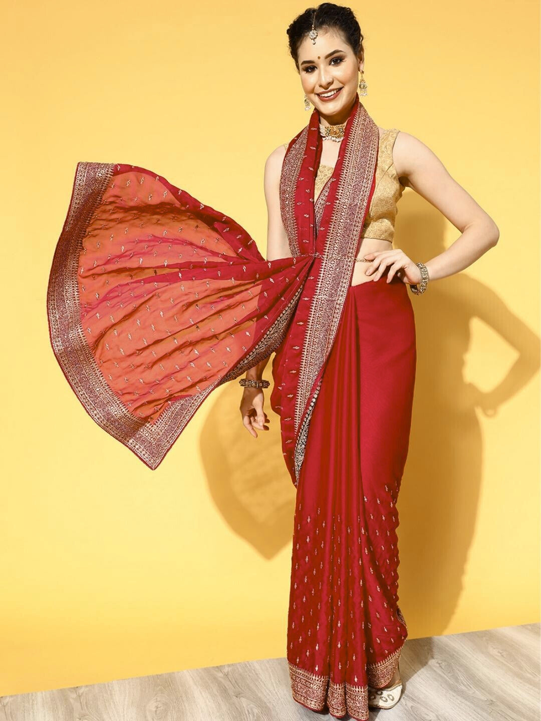 Red Crystal Embellished Satin Crepe Saree with Gold Aari Embroidery