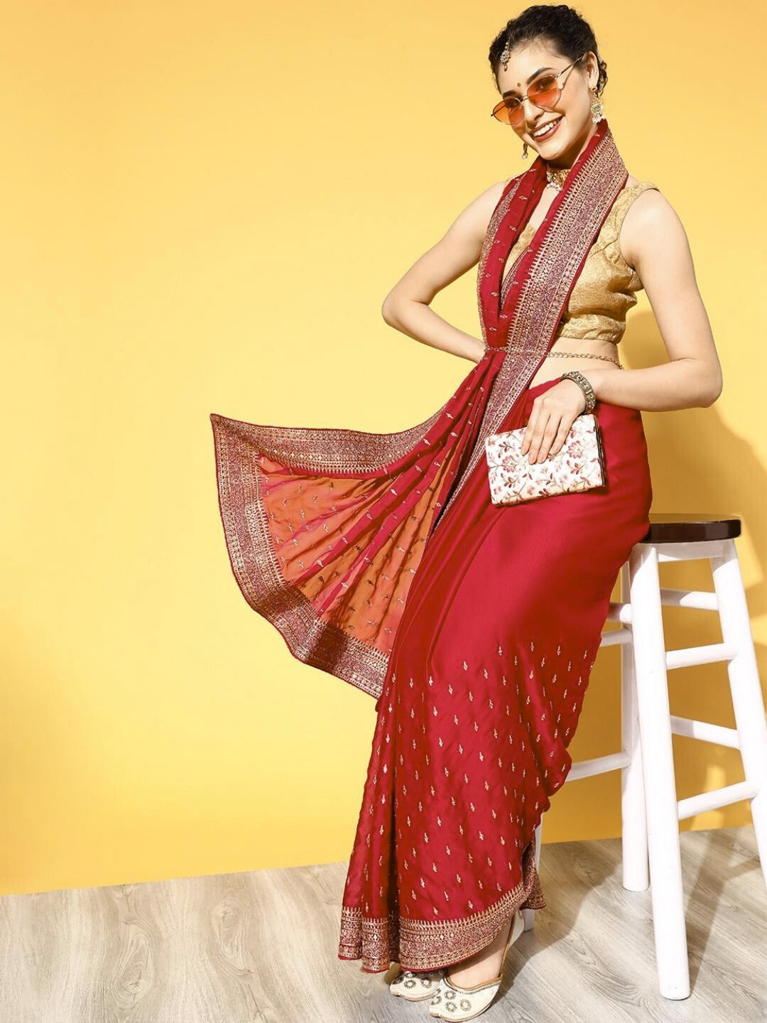 Red Crystal Embellished Satin Crepe Saree with Gold Aari Embroidery