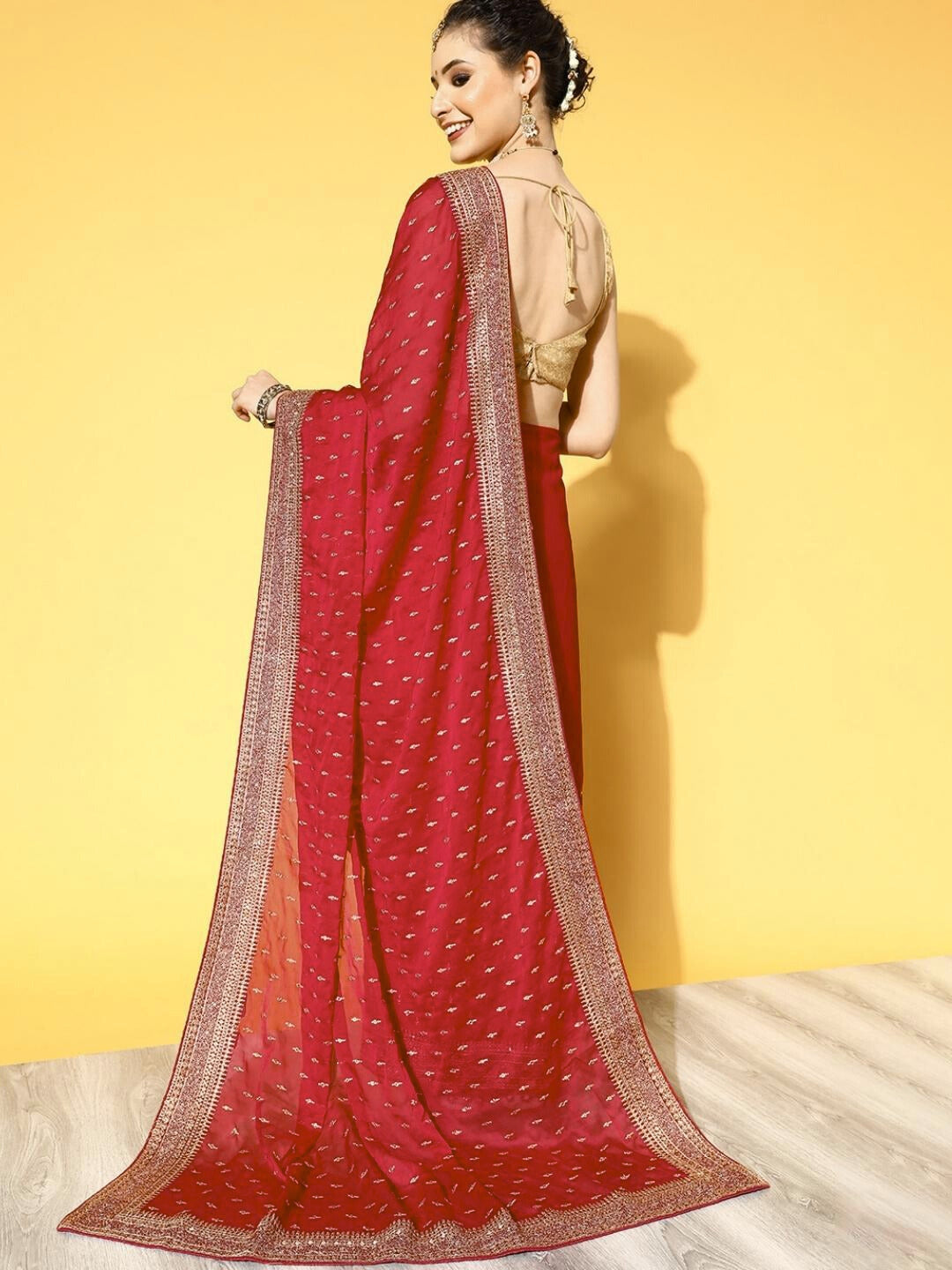 Red Crystal Embellished Satin Crepe Saree with Gold Aari Embroidery