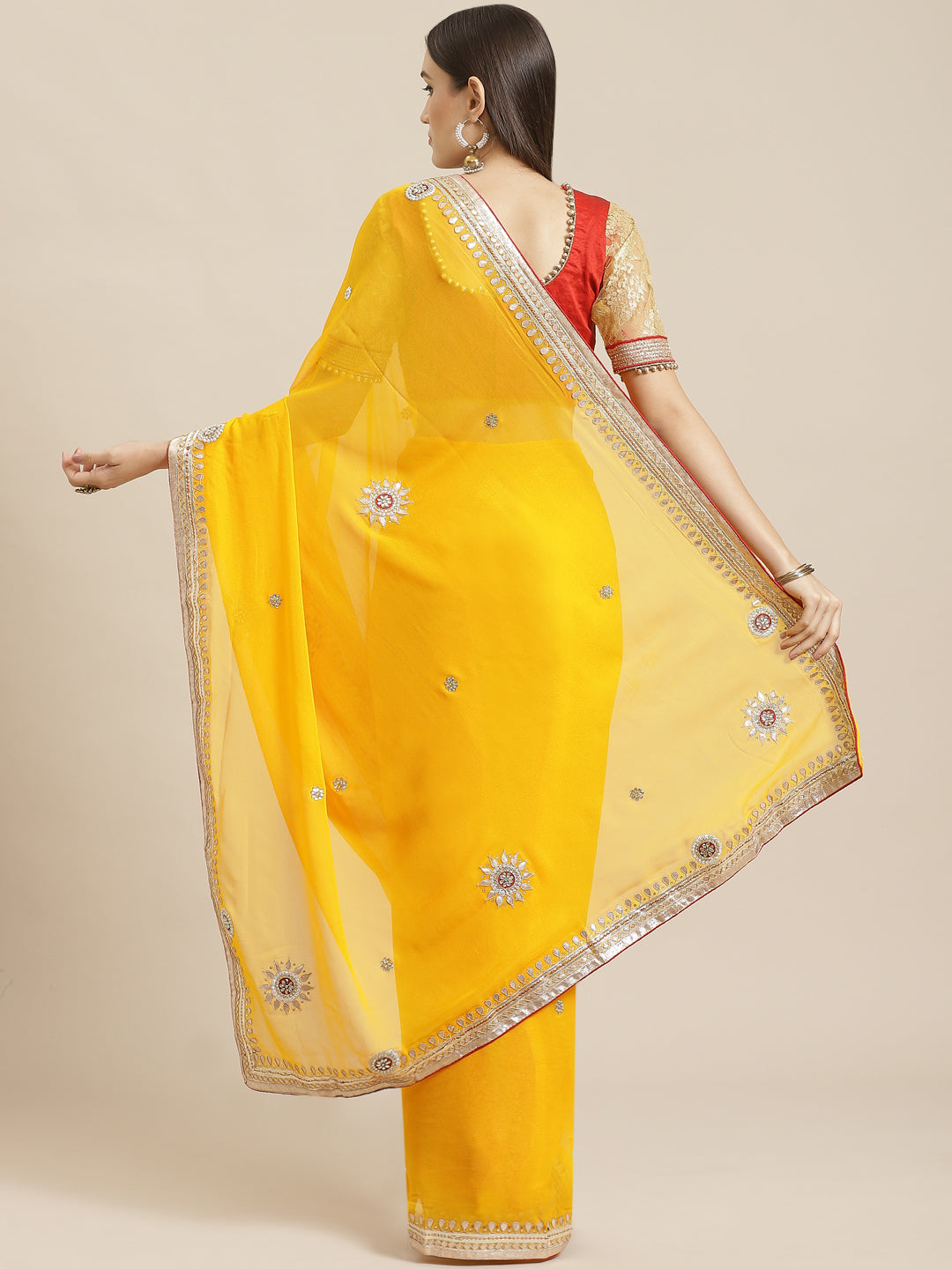 Yellow & Red Jaipuri Georgette Saree with Gota Patti Embroidery & Contrast Blouse
