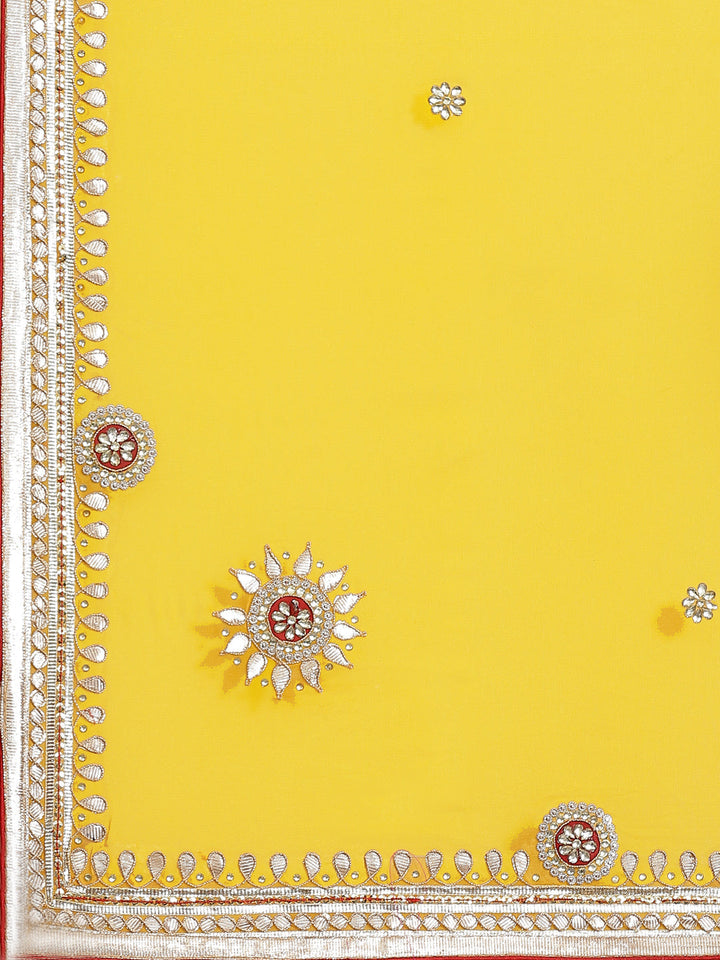 Yellow & Red Jaipuri Georgette Saree with Gota Patti Embroidery & Contrast Blouse