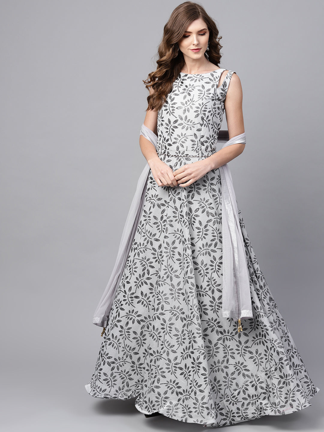 Foil Print Anarkali Dress with matching Belt and Dupatta